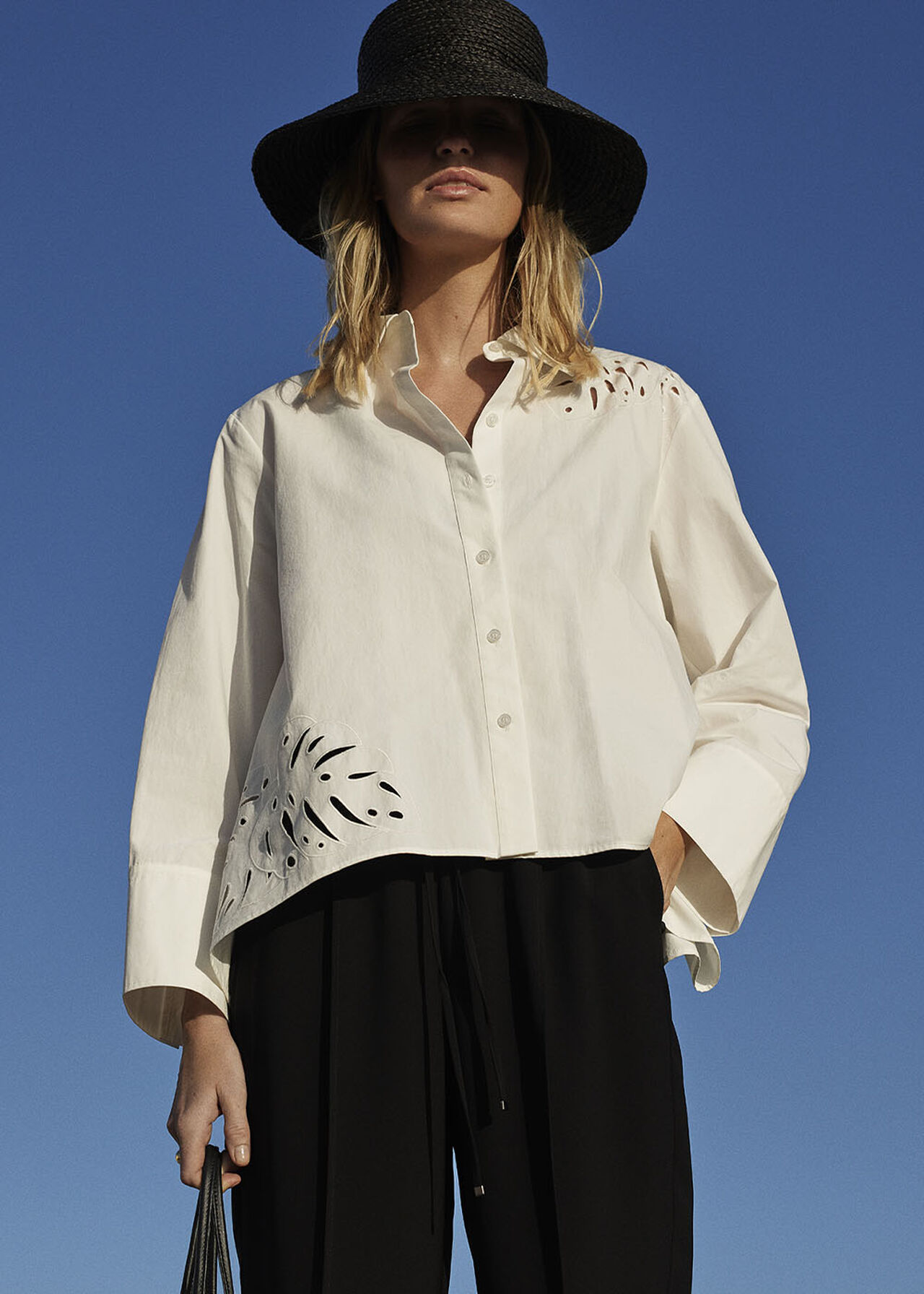 Leaf Embroidered Cotton Shirt
