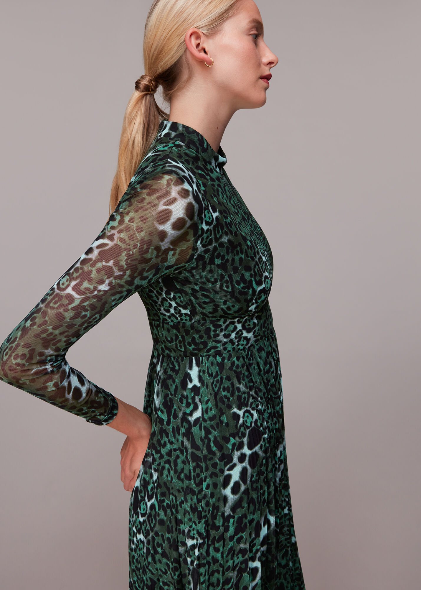 Green Night Cat Pleated Mesh Dress