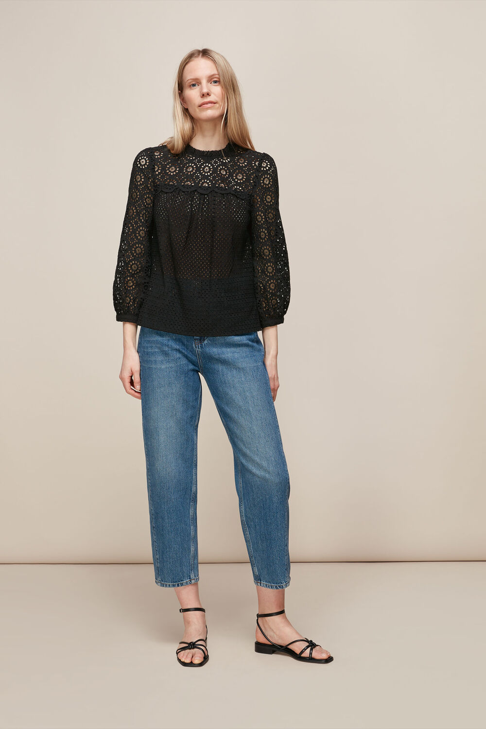 Sara Mixed Broderie Top Black