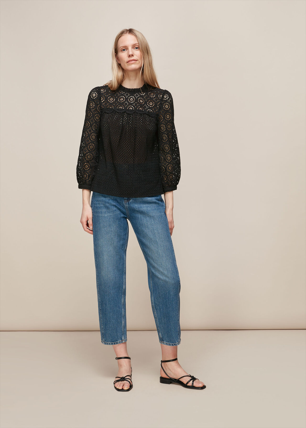 Sara Mixed Broderie Top Black