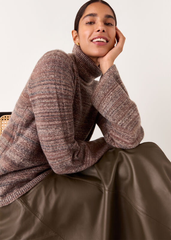 Brown Textured Funnel Neck Knit