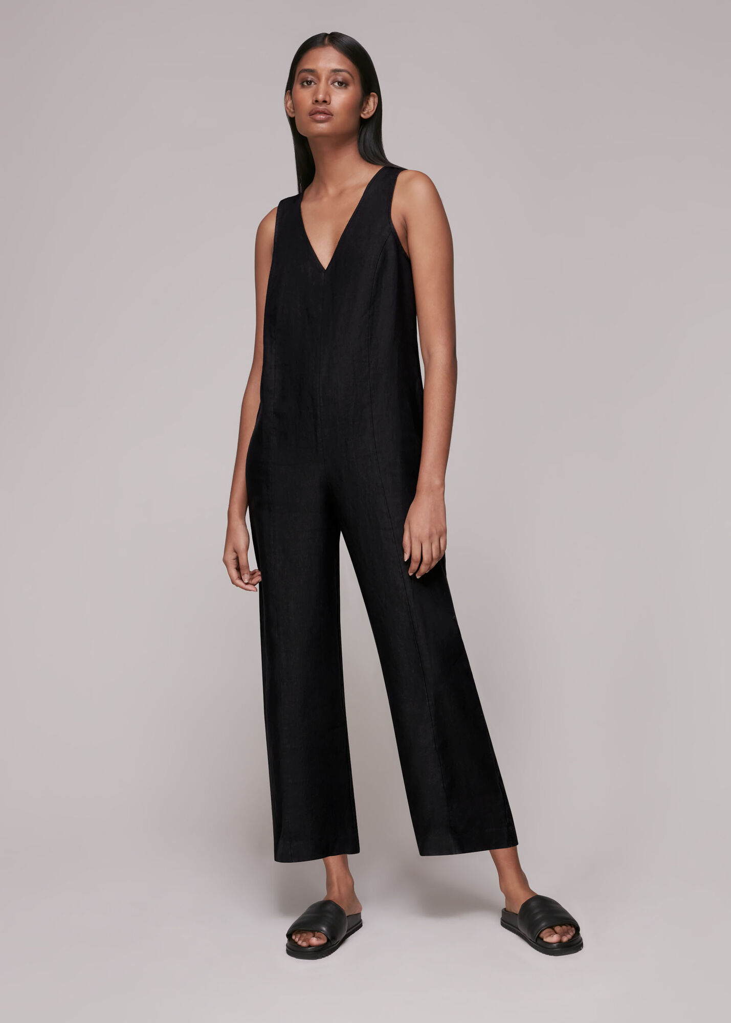 Black Linen V Neck Jumpsuit WHISTLES Whistles UK