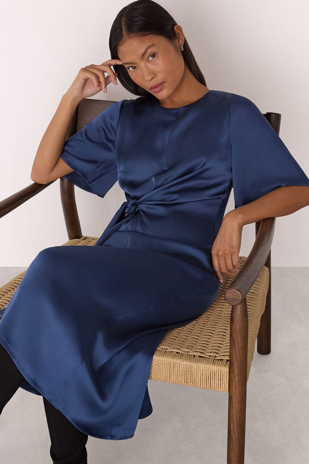 Petite Satin Twist Waist Midi Dress