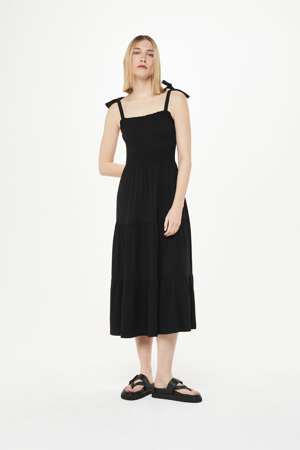Black Smocked Tiered Jersey Dress
