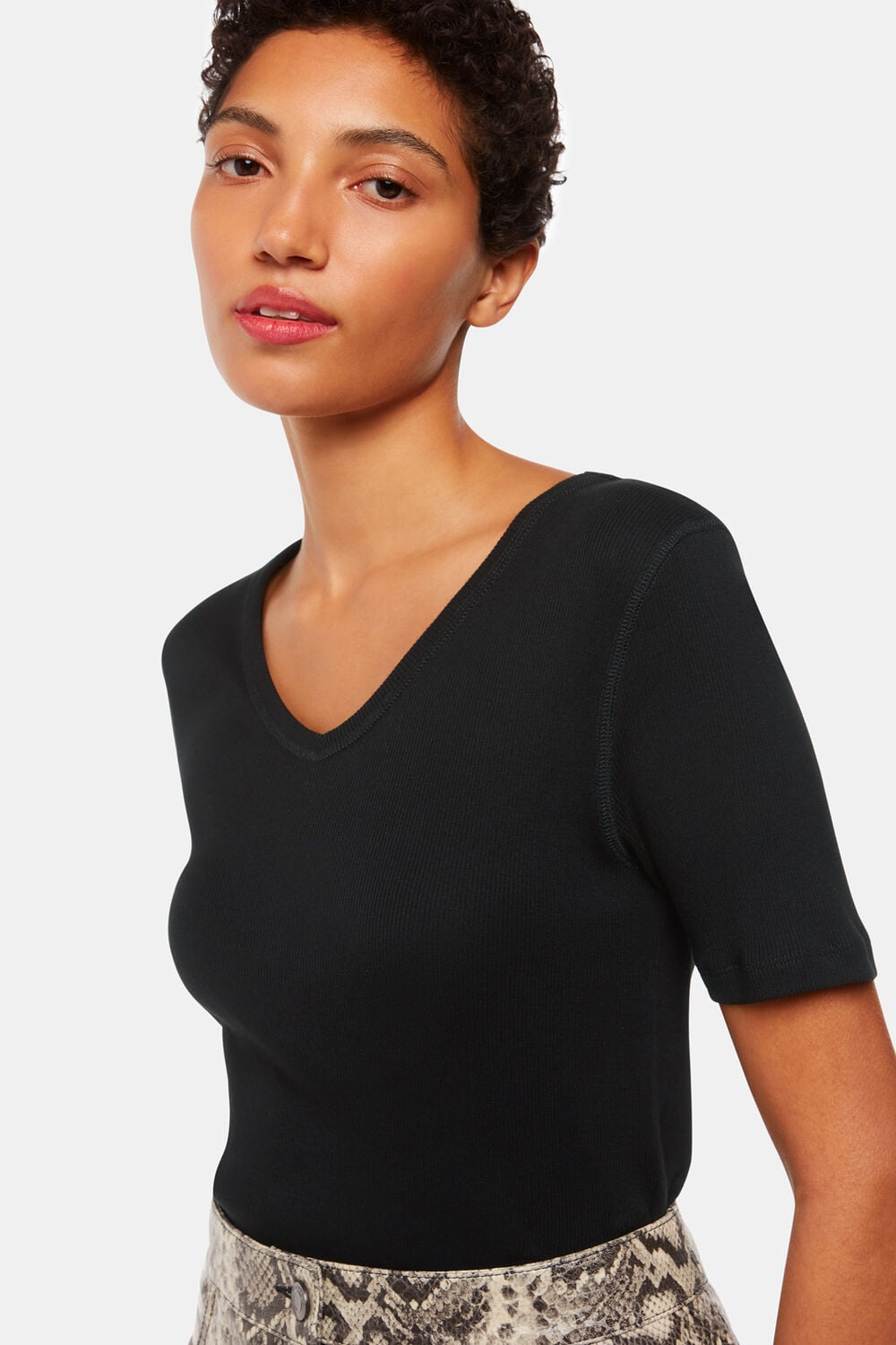 Black V Neck Ribbed T-Shirt
