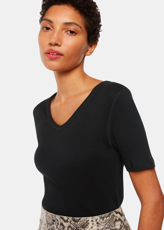 Black V Neck Ribbed T-Shirt