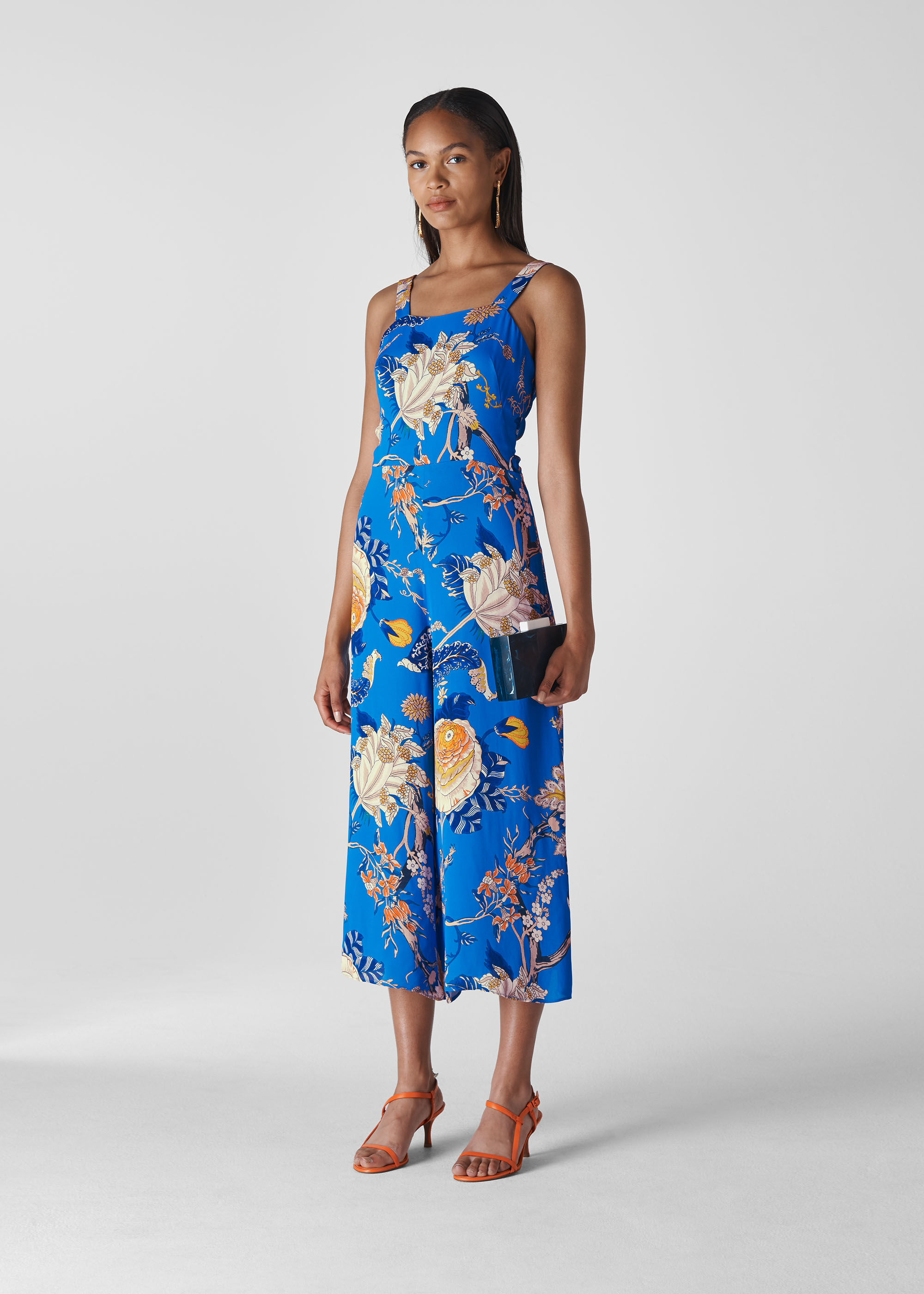 Blue jumpsuit with new arrivals flowers