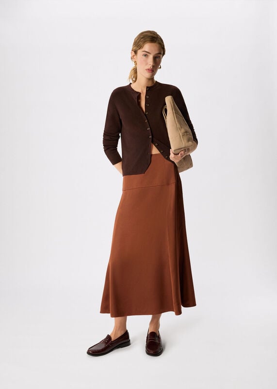 Brown Panel Waist Satin Midi Skirt