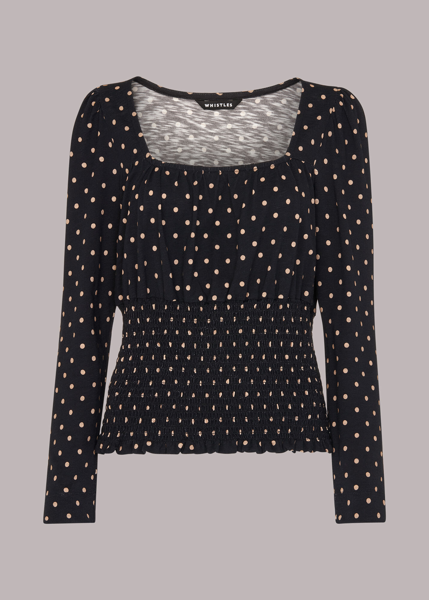 Black/Multi Spot Square Neck Shirred Top | WHISTLES