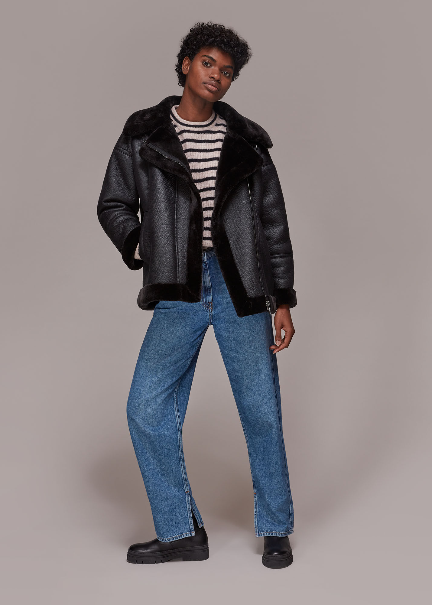 Black Faux Fur Biker Jacket with Full Zip Whistles
