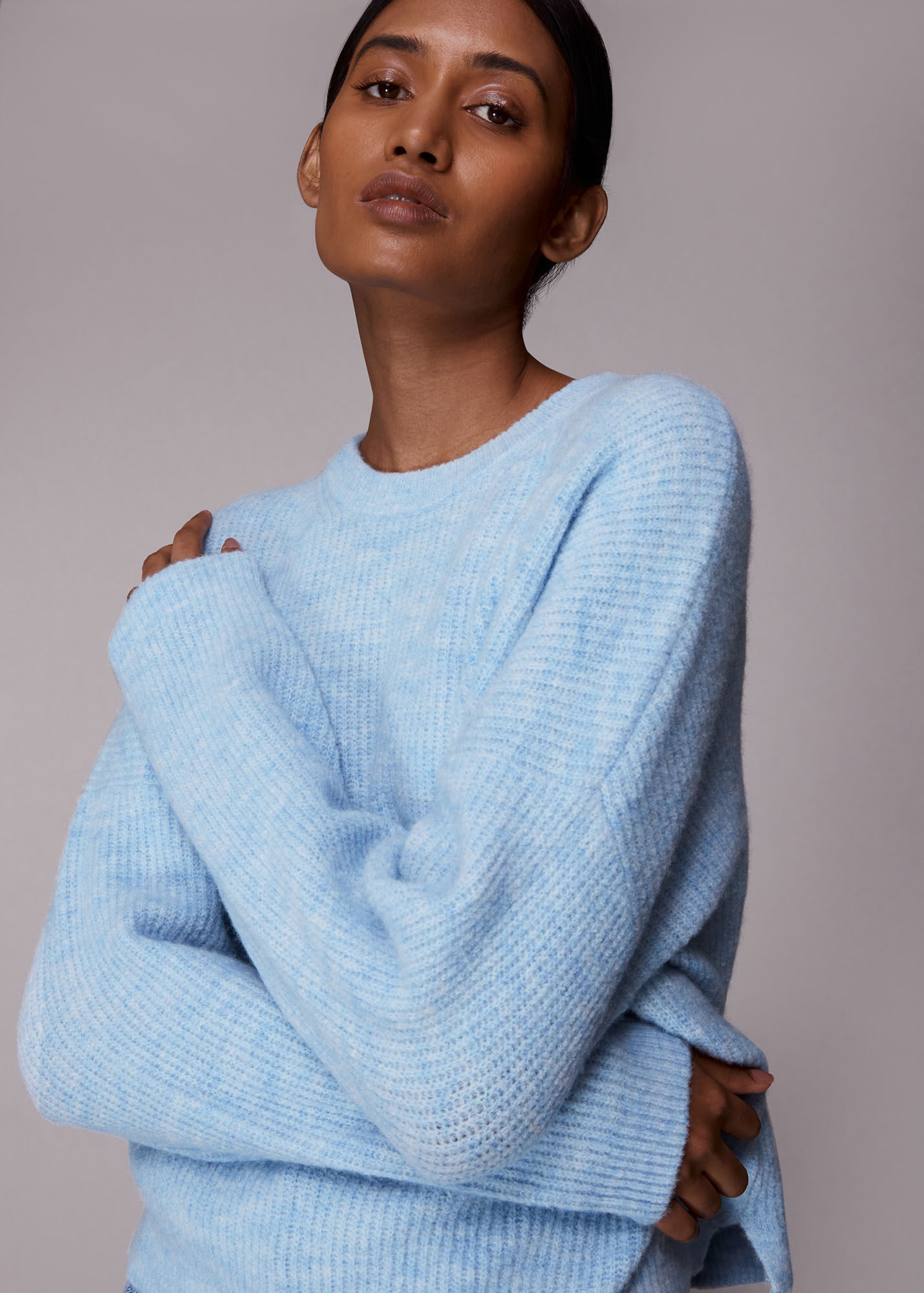 Pale Blue Ribbed Crew Neck Jumper WHISTLES Whistles UK