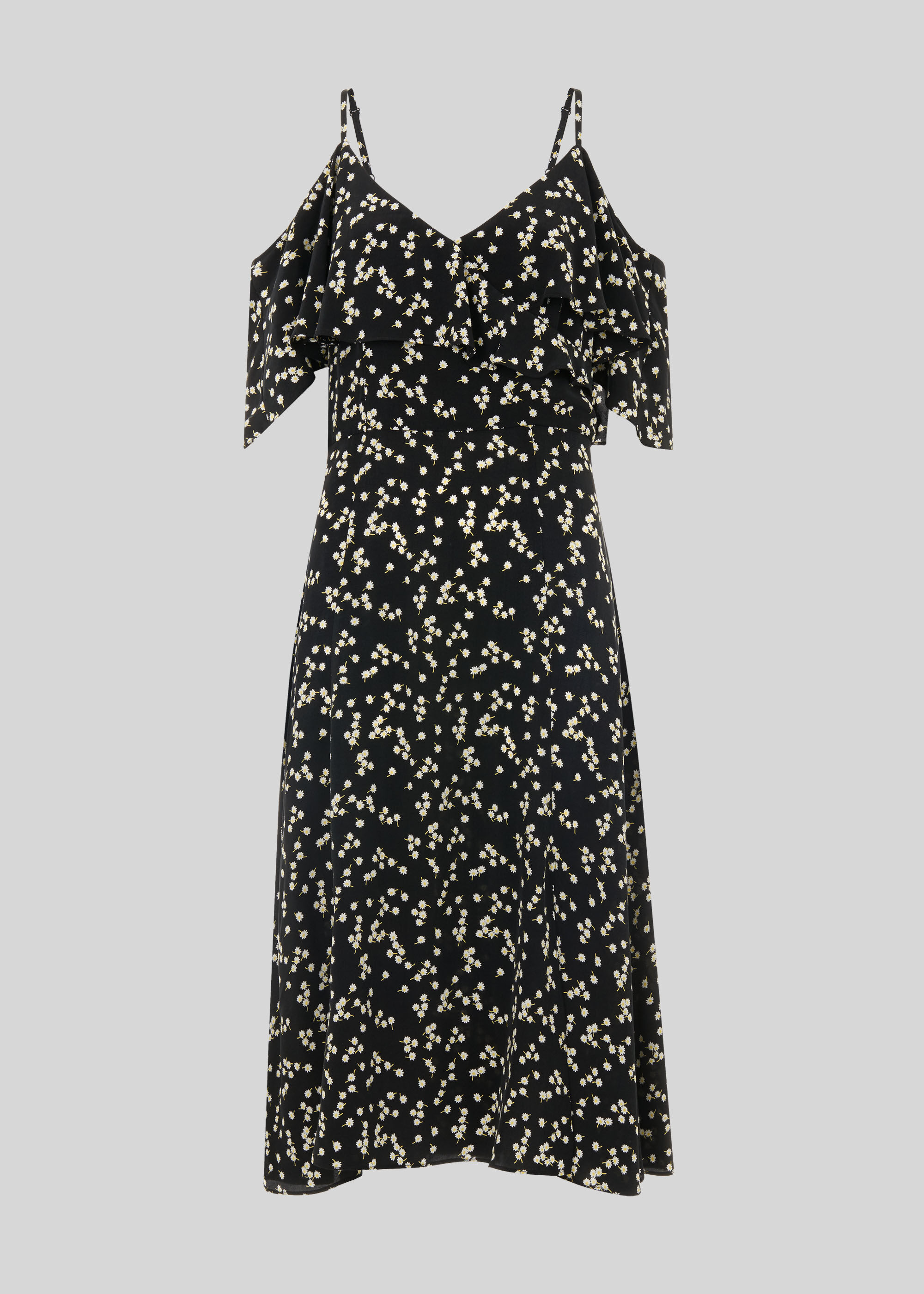 Black daisy print frill tea dress online