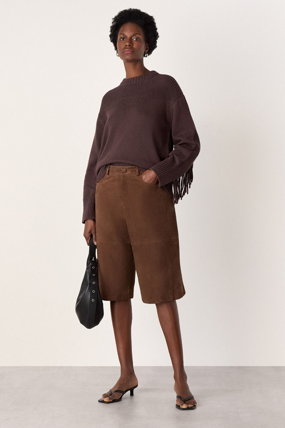 Brown Fringe Rib Detail Cotton Knit