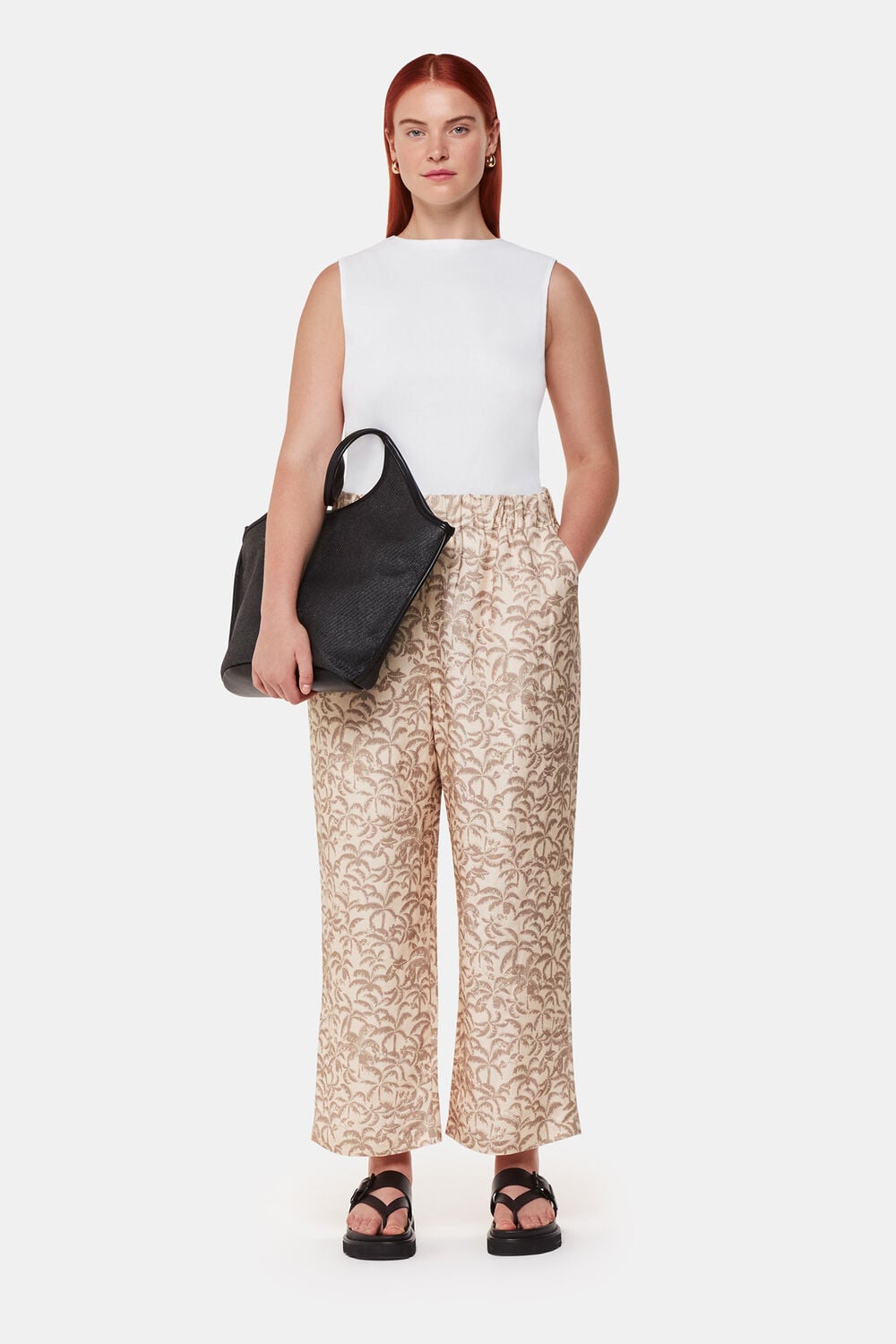 Ivory Palm Print Linen Blend Trouser
