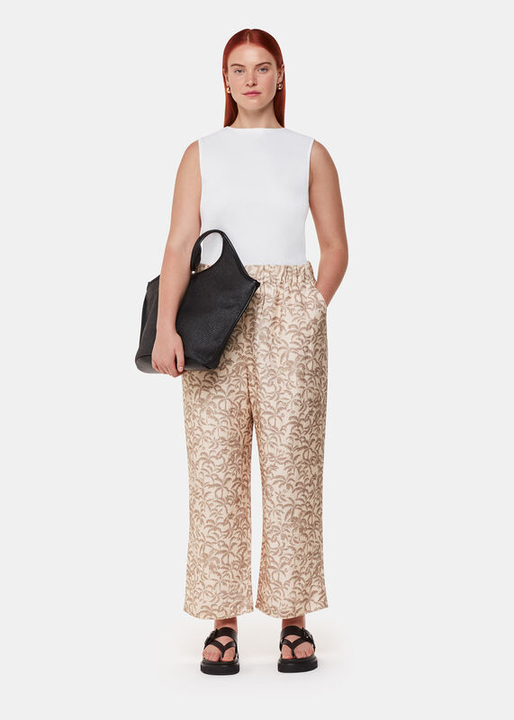 Ivory Palm Print Linen Blend Trouser