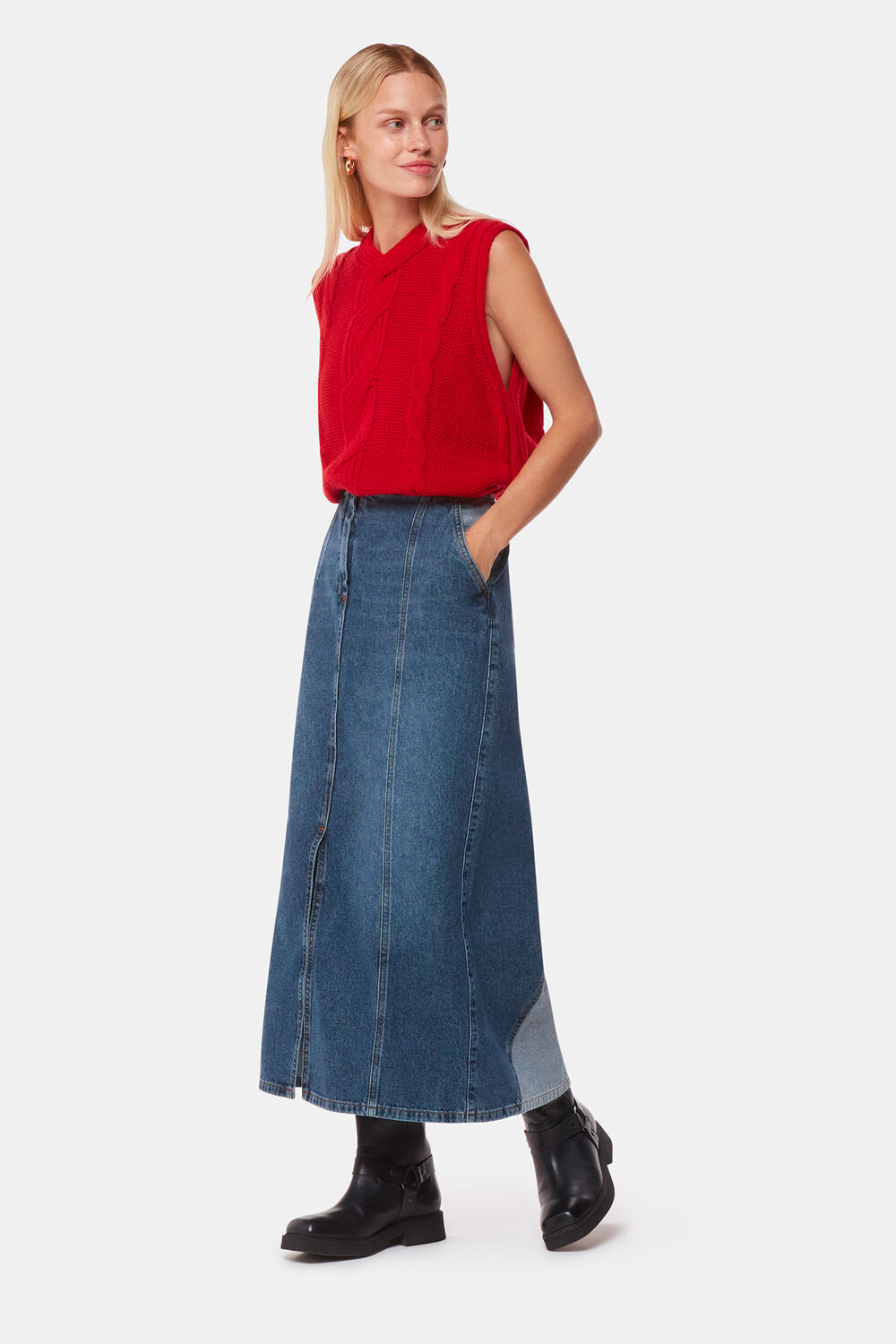 Patchwork Denim Midi Skirt