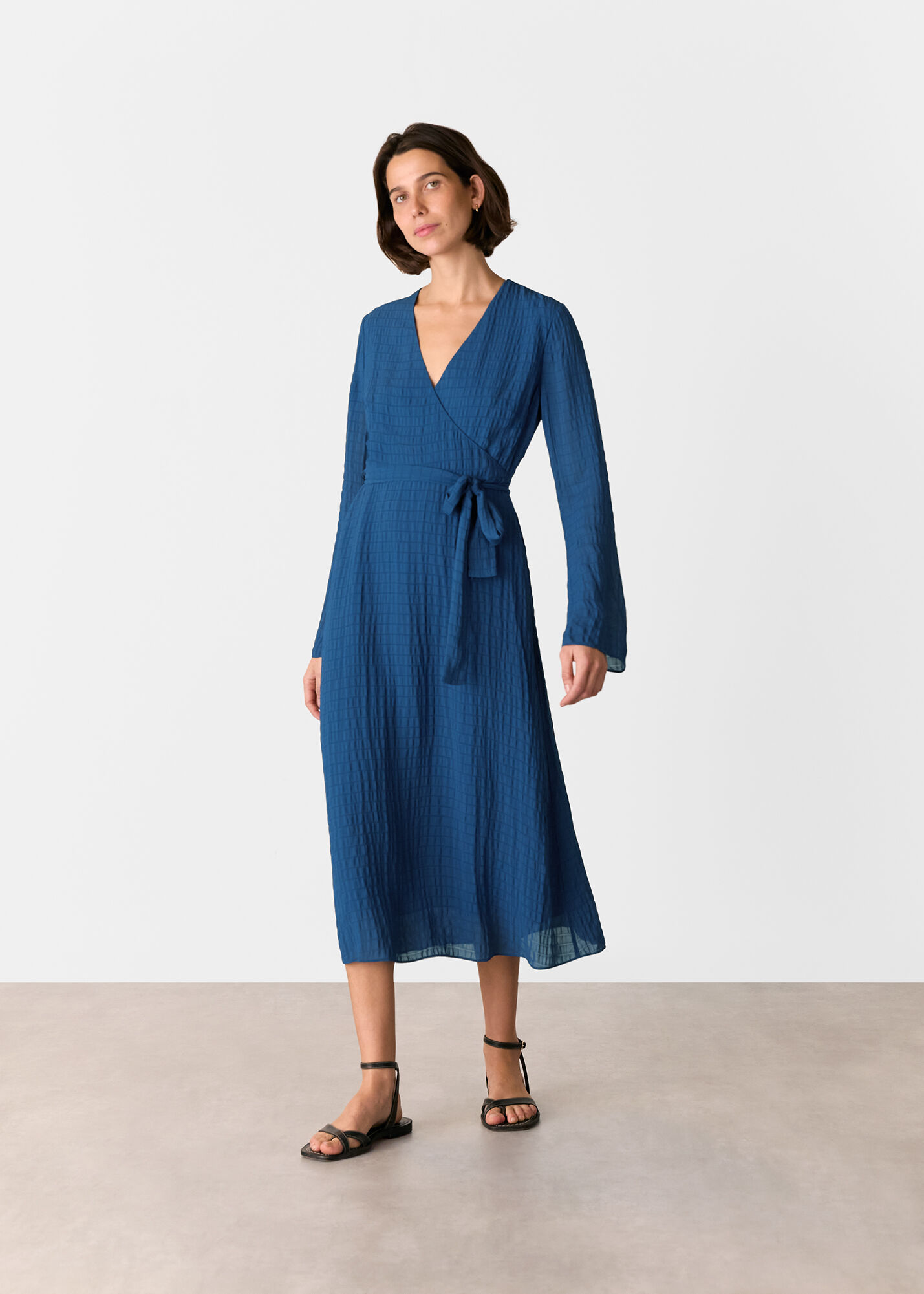 Whistles Blue Alex Textured Wrap Midi Dress US 12 Womens Blue Alex Textured Wrap Midi Dress | WHISTLES | Whistles US |