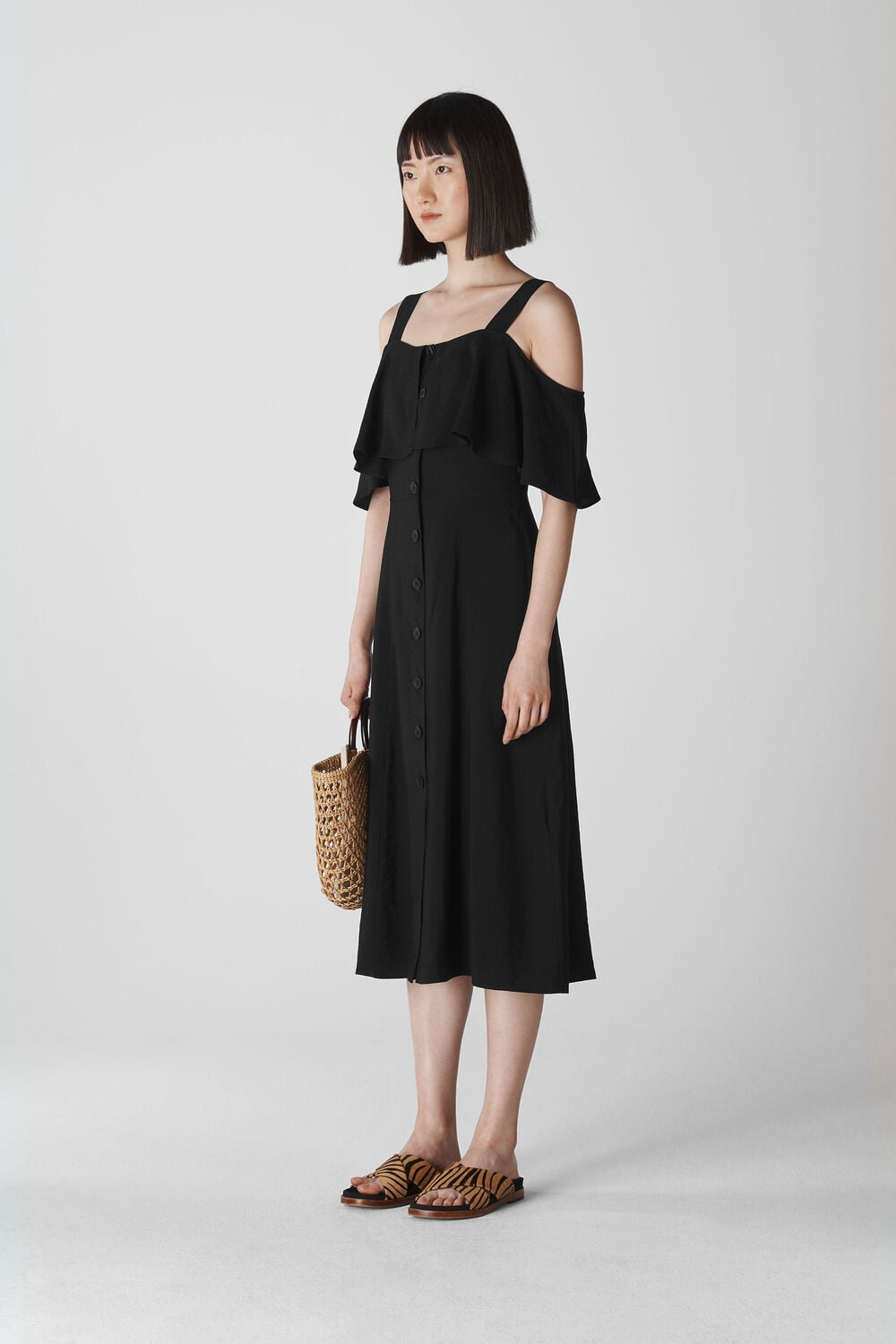 Frill Button Midi Dress Black