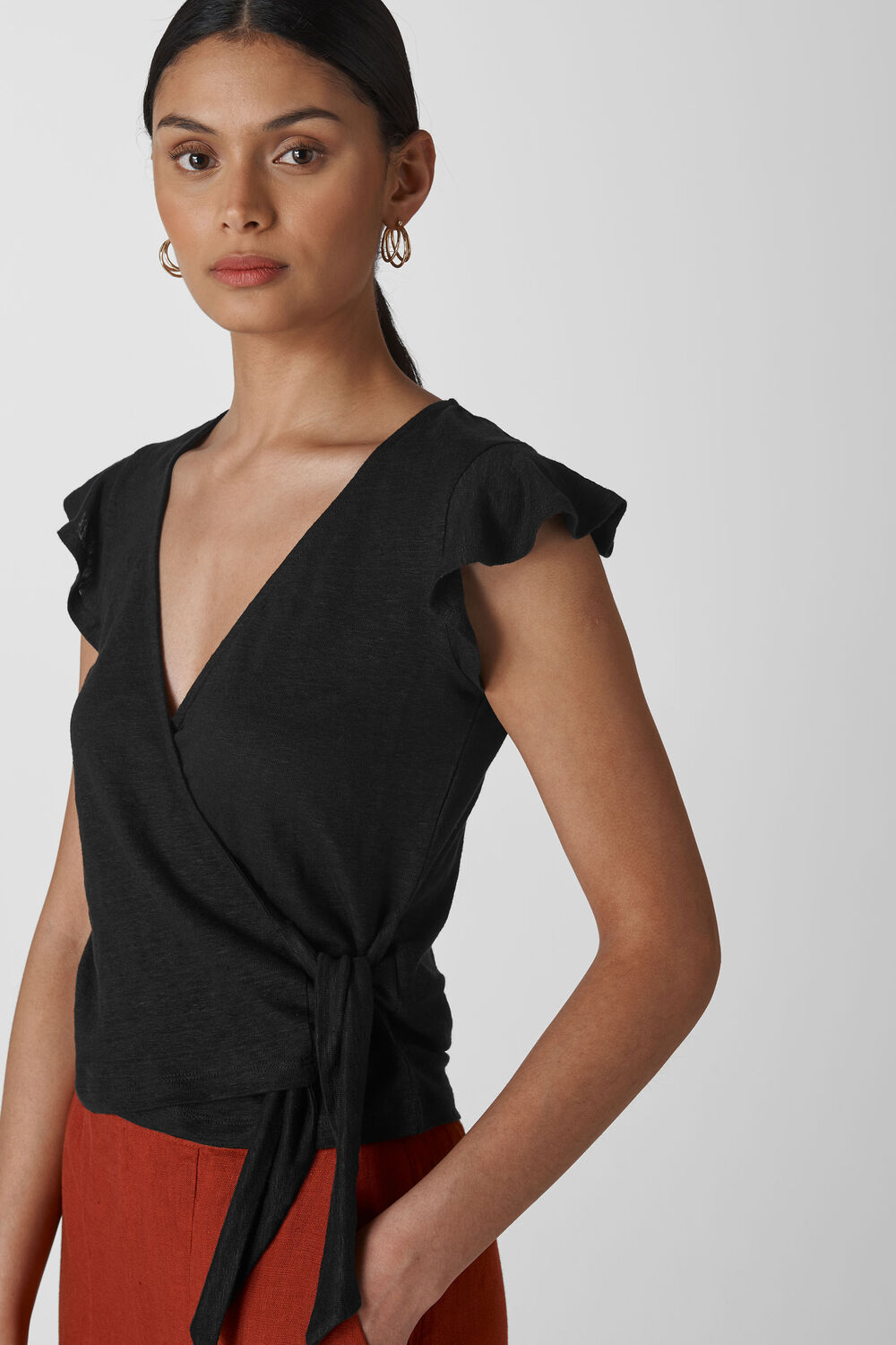 Frill Sleeve Linen Wrap Top Black
