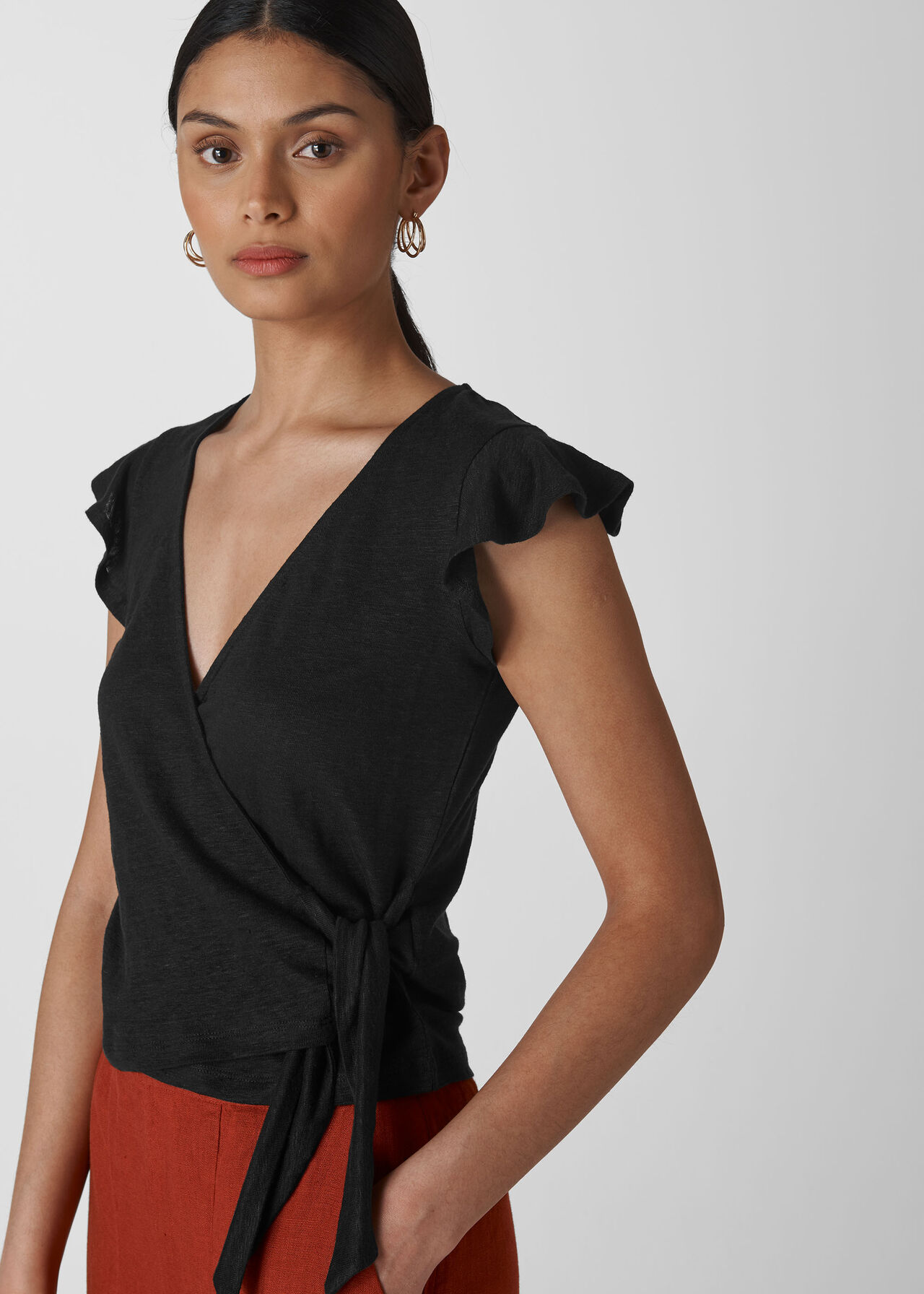 Frill Sleeve Linen Wrap Top Black