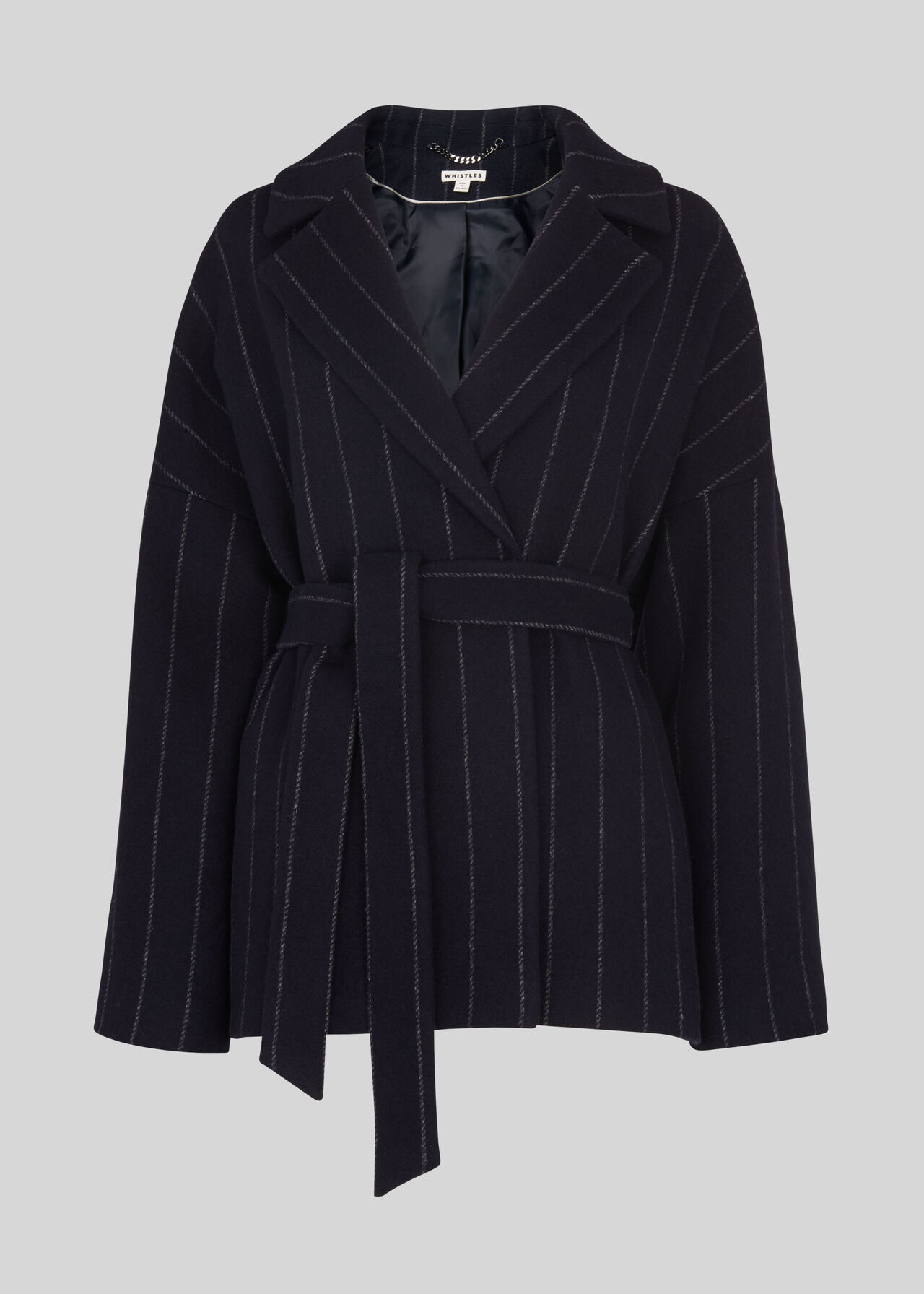 Navy Stripe Belted Short Wrap Coat WHISTLES