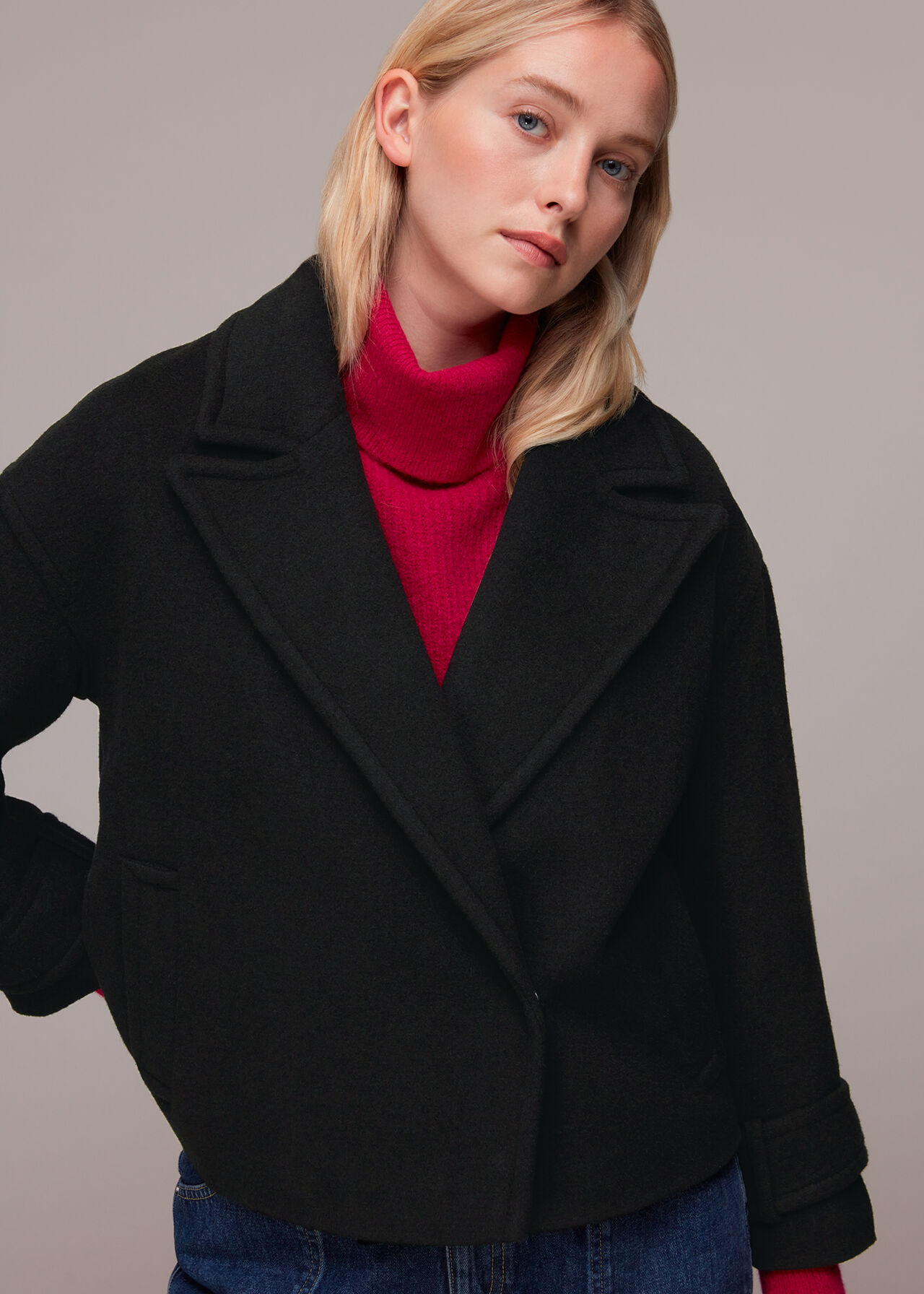 Black Relaxed Cropped Wool Coat | WHISTLES