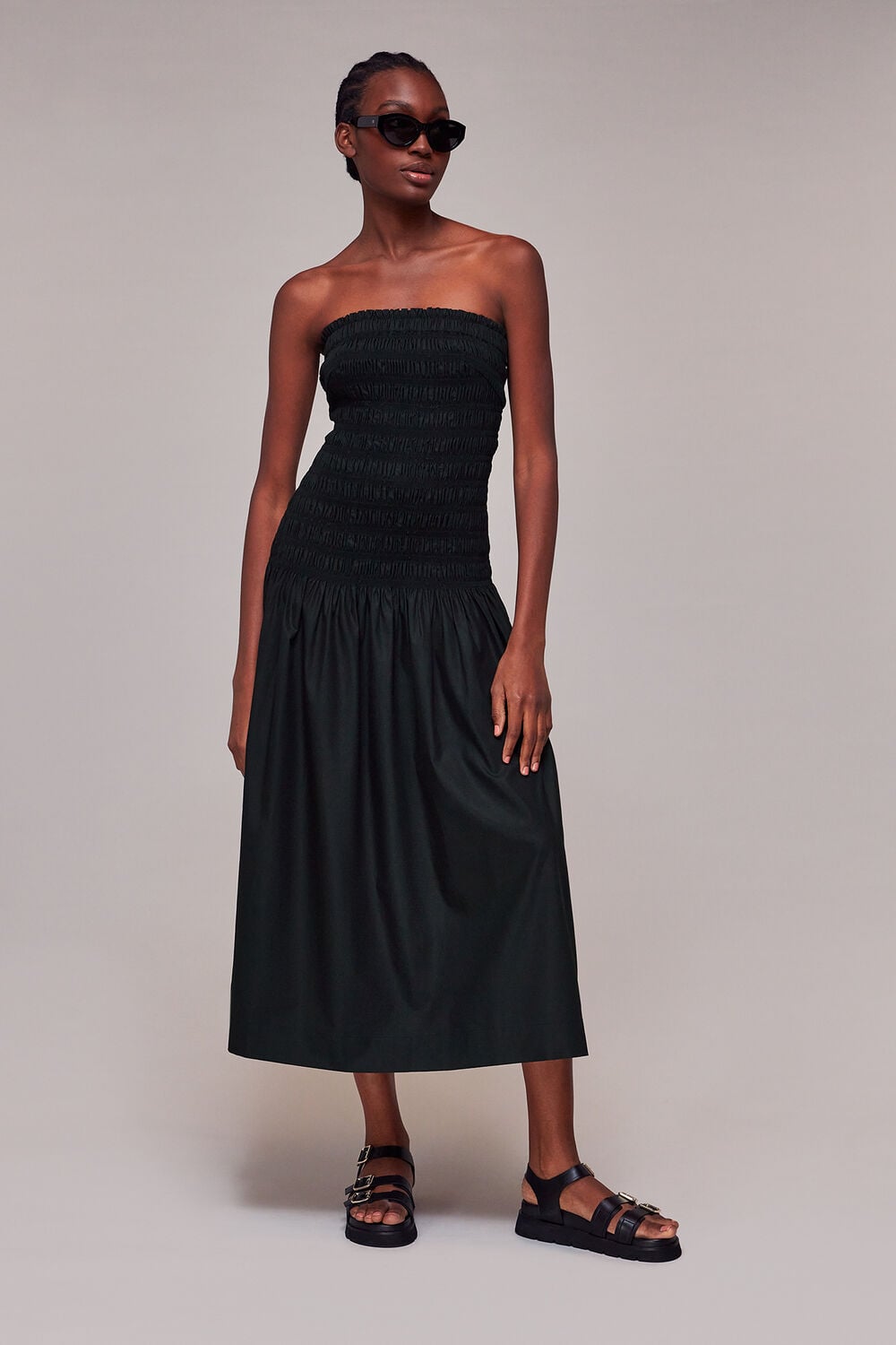 Black Shirred Bandeau Poplin Dress