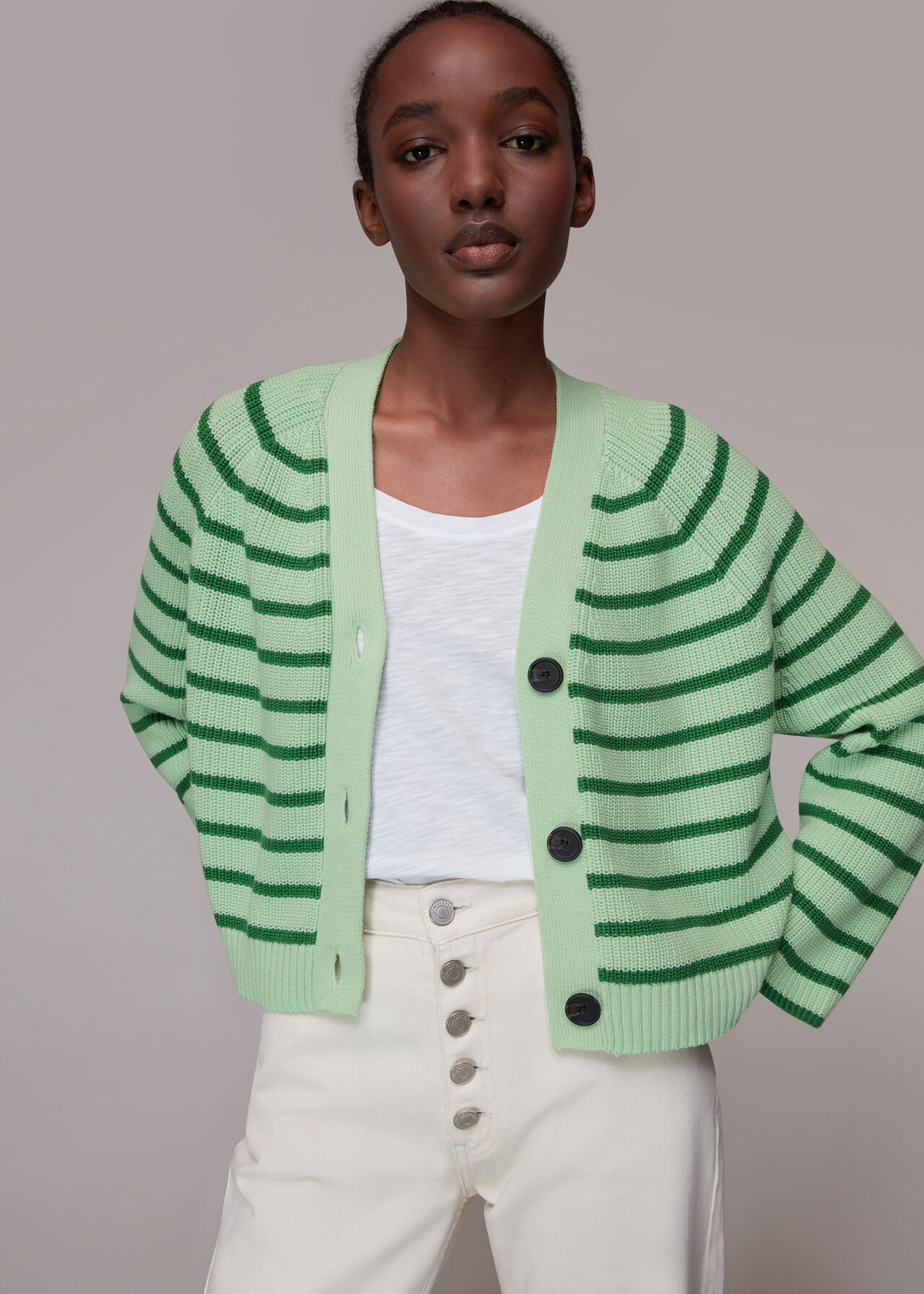 Green/Multi Stripe Cotton Cardigan | WHISTLES | Whistles UK