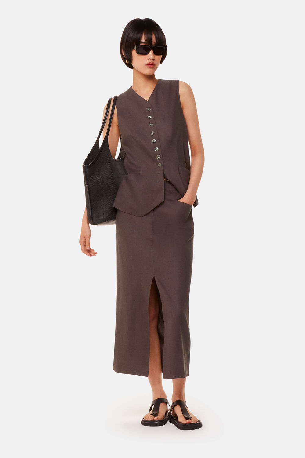 Dark Grey Mila Linen Blend Midi Skirt