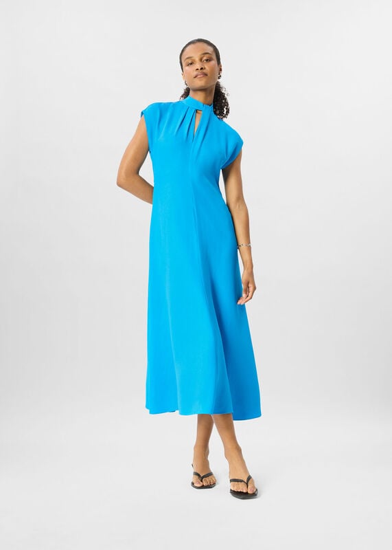 Blue Twist Neck Crepe Midi Dress