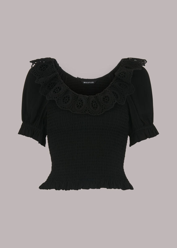 Black Crochet Detail Smocked Top