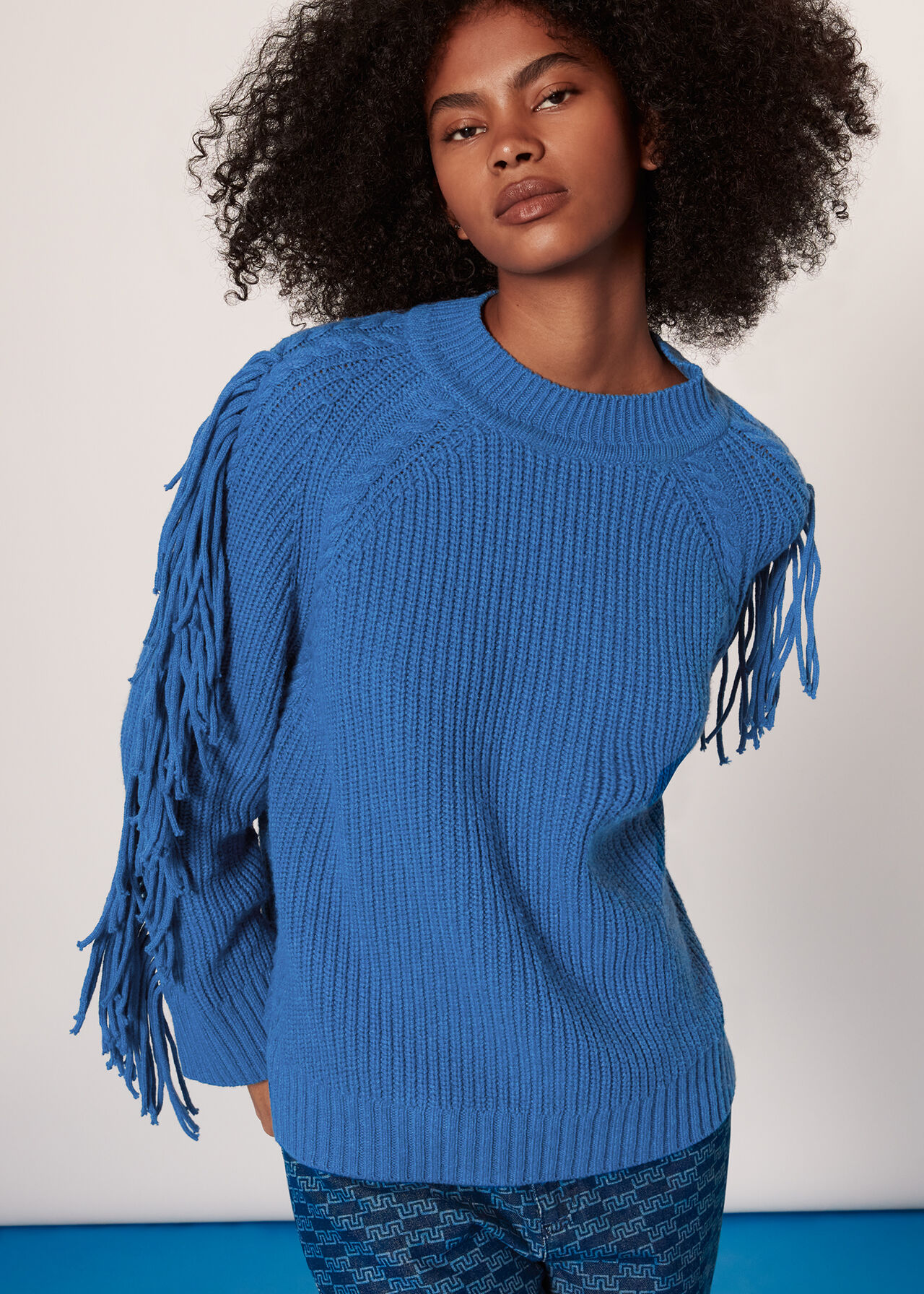 Blue Fringe Sleeve Cable Sweater | WHISTLES | Whistles UK