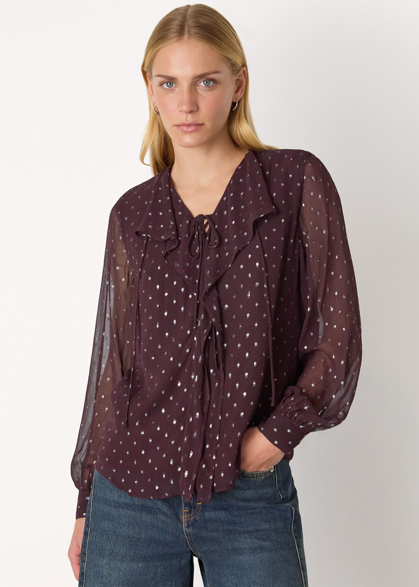 Burgundy/Multi Metallic Dobby Frill Blouse | WHISTLES | Whistles US |
