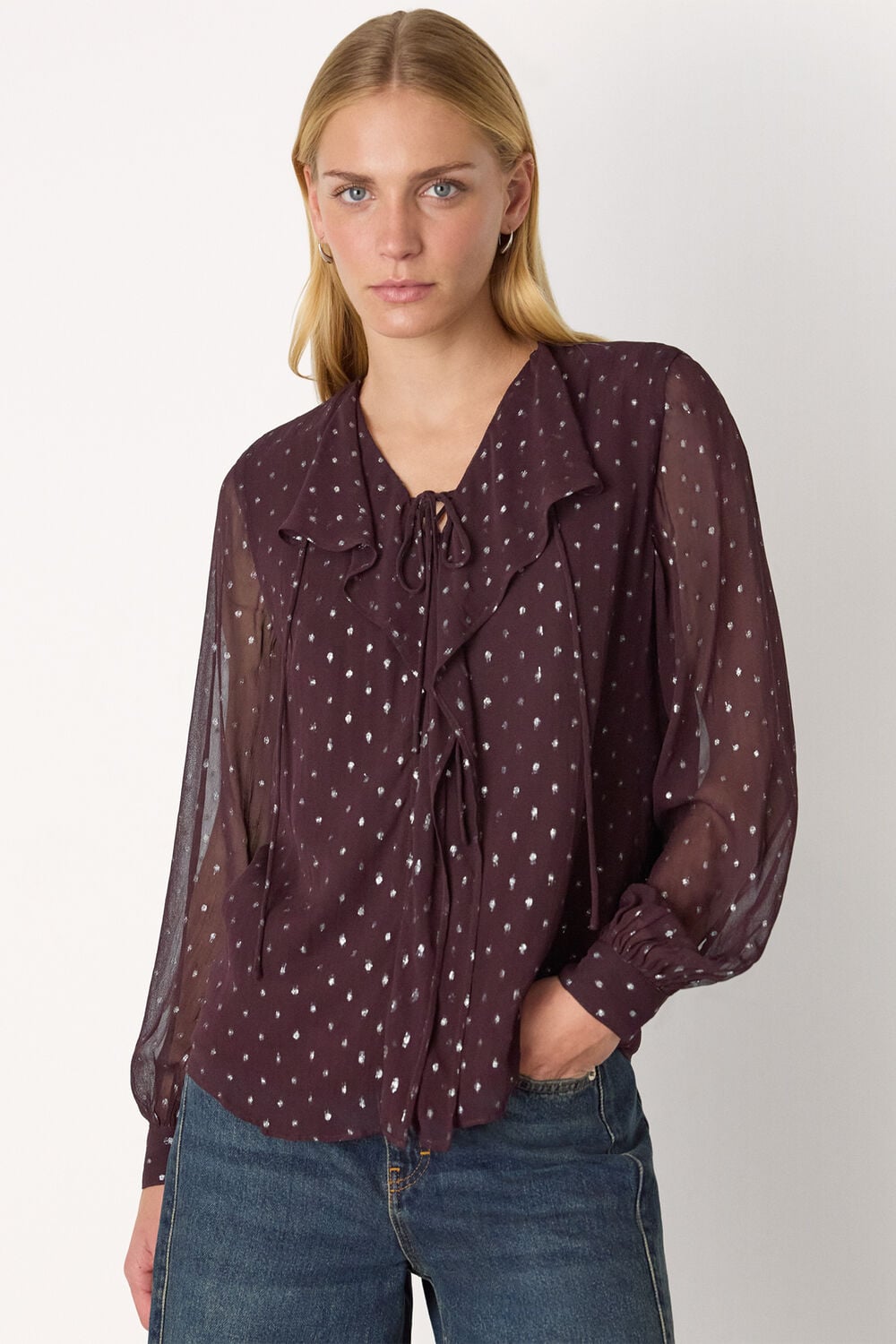 Burgundy Metallic Dobby Frill Blouse