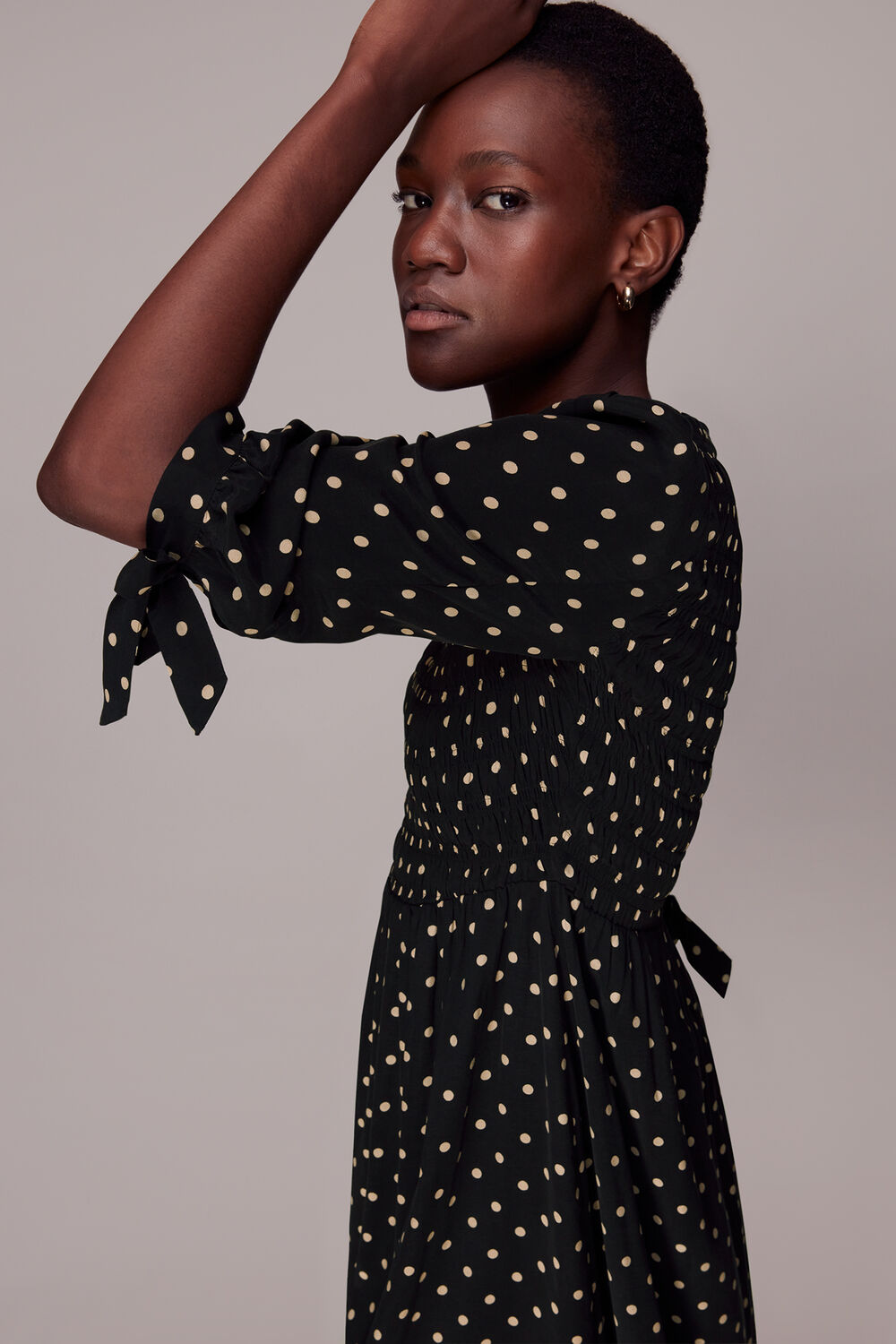 Shirred Spot Midi Dress