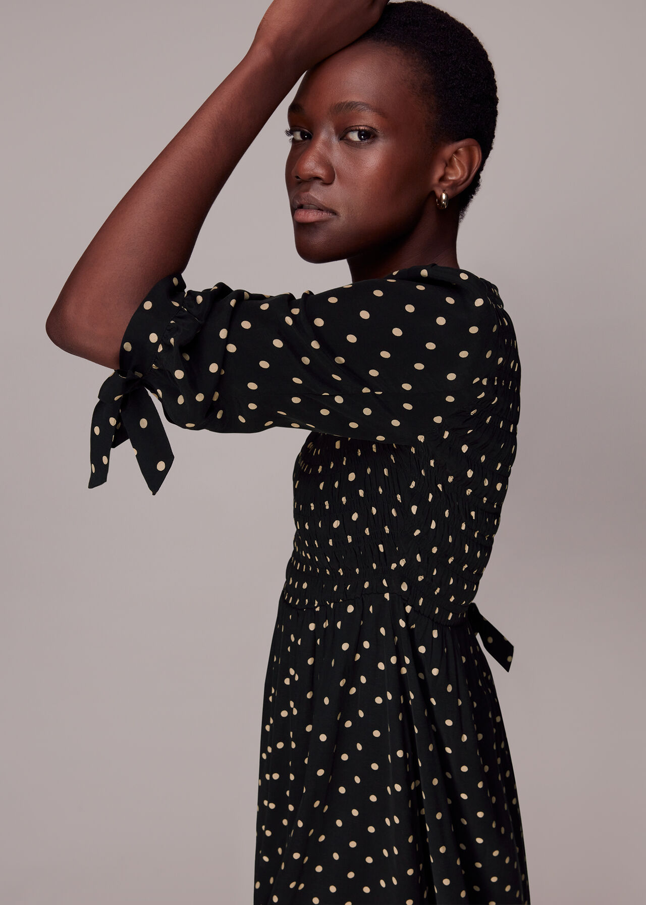 Shirred Spot Midi Dress