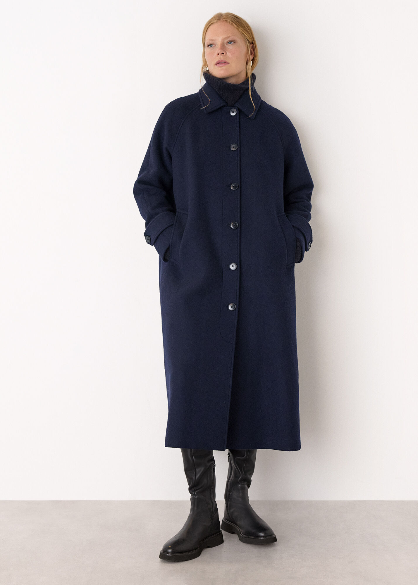 Navy Collar Detail Long Wool Coat | WHISTLES | Whistles US |