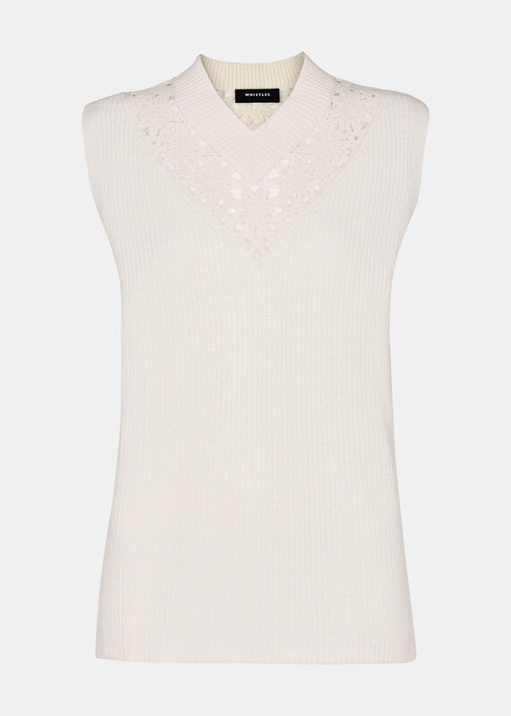 White Floral Crochet V Neck Tank