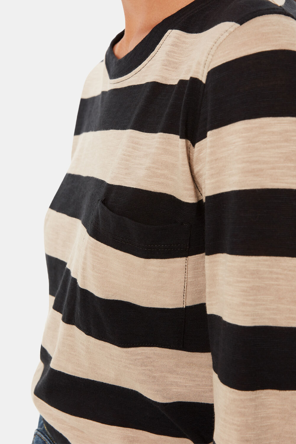 Black Crew Neck Stripe Pocket Top