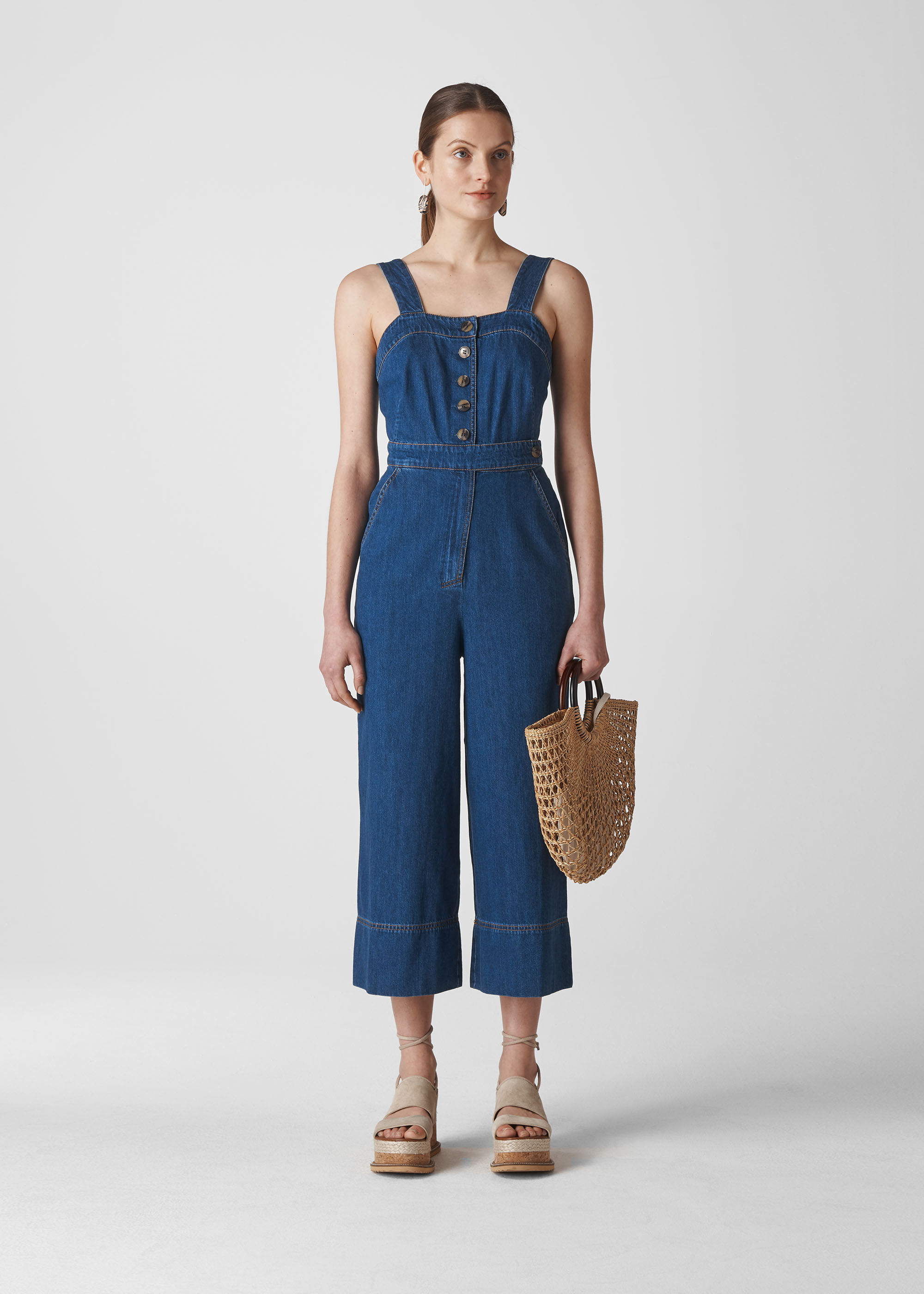 Denim button jumpsuit sales