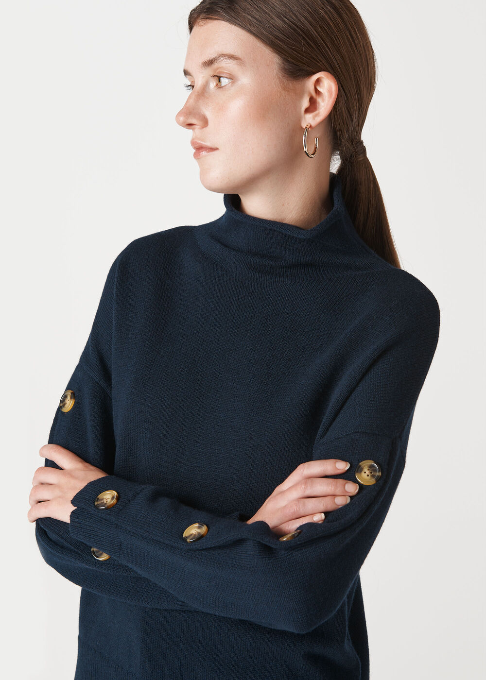 Button Sleeve Funnel Neck Knit Navy