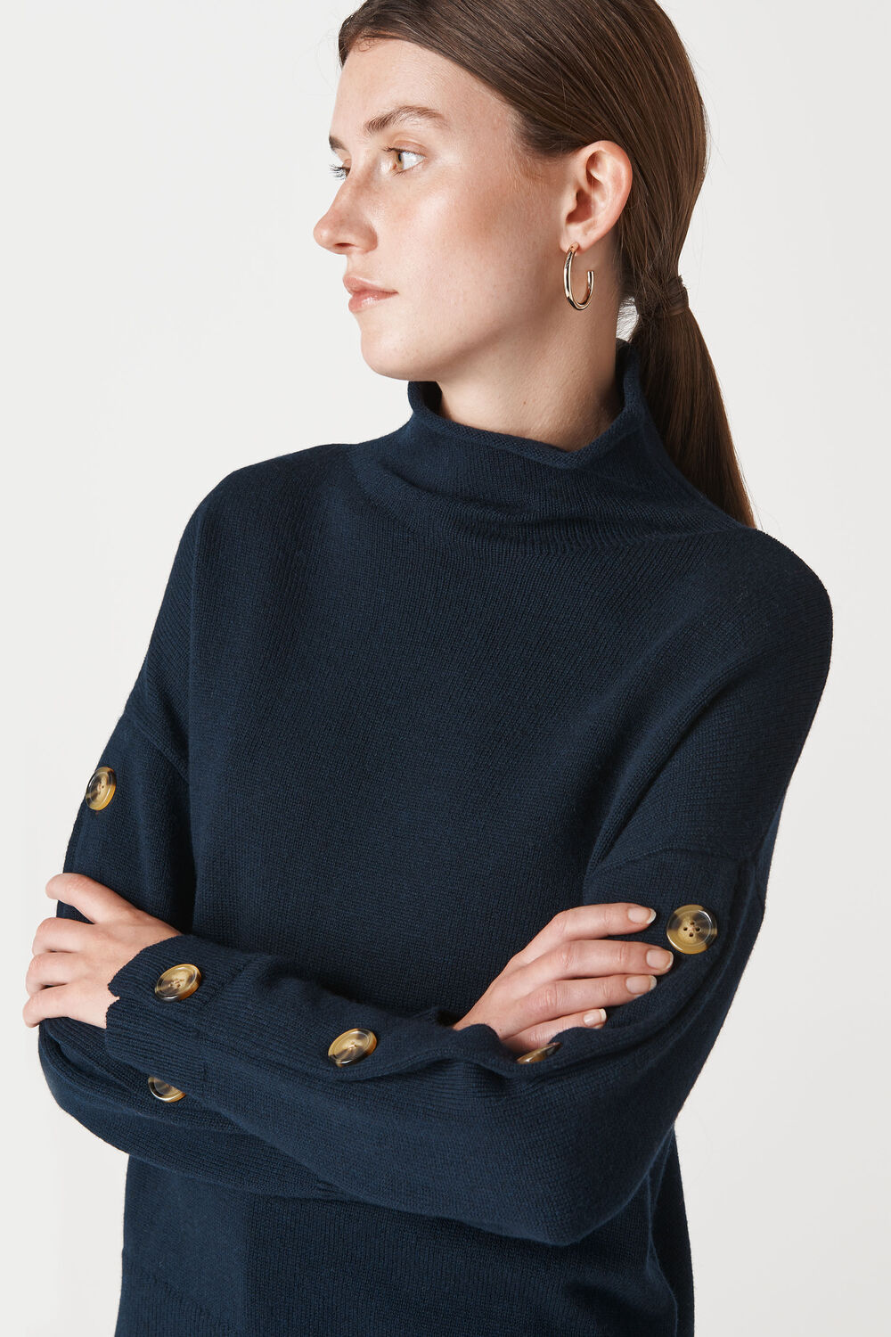 Button Sleeve Funnel Neck Knit Navy