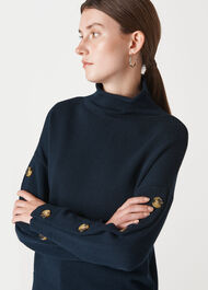 Button Sleeve Funnel Neck Knit Navy