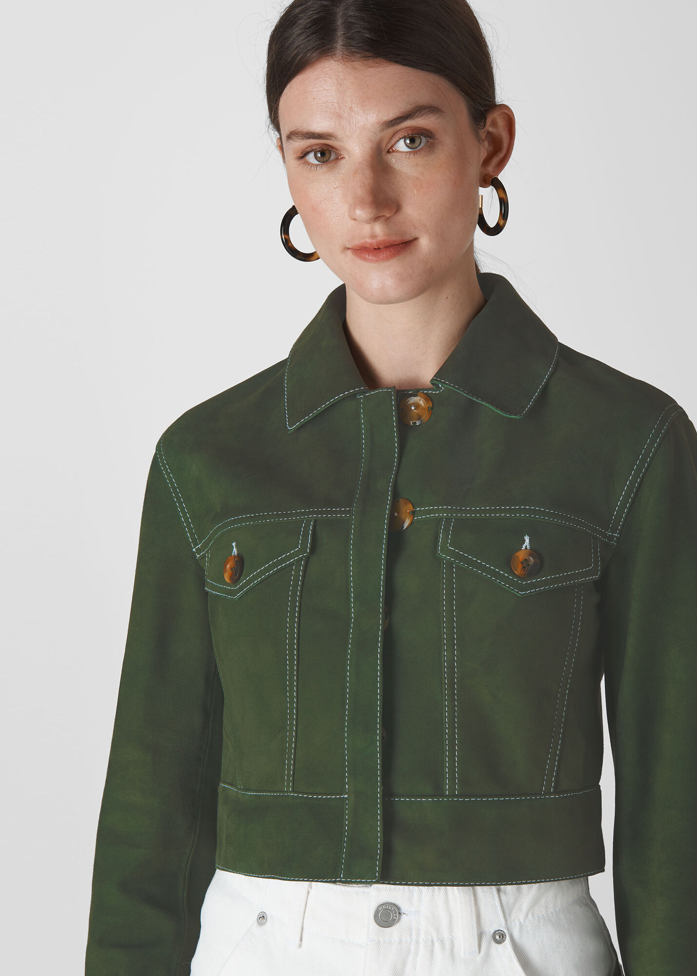 Khaki Grace Cropped Suede Jacket WHISTLES