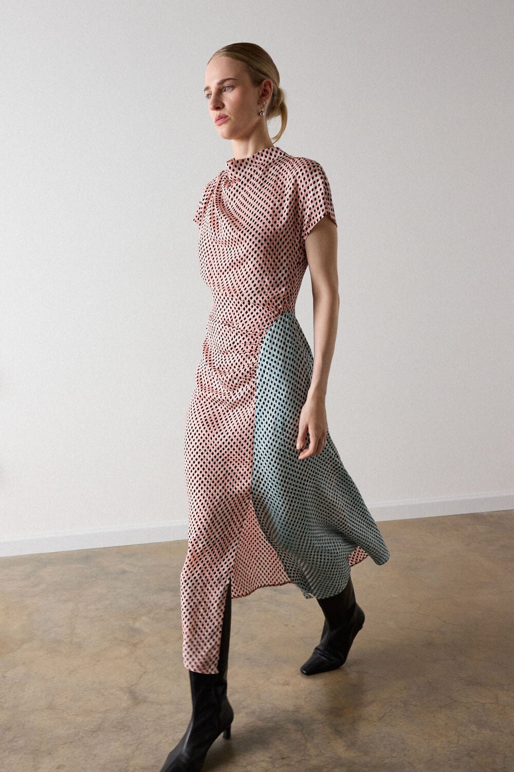 Graphic Check Cowl Neck Dress