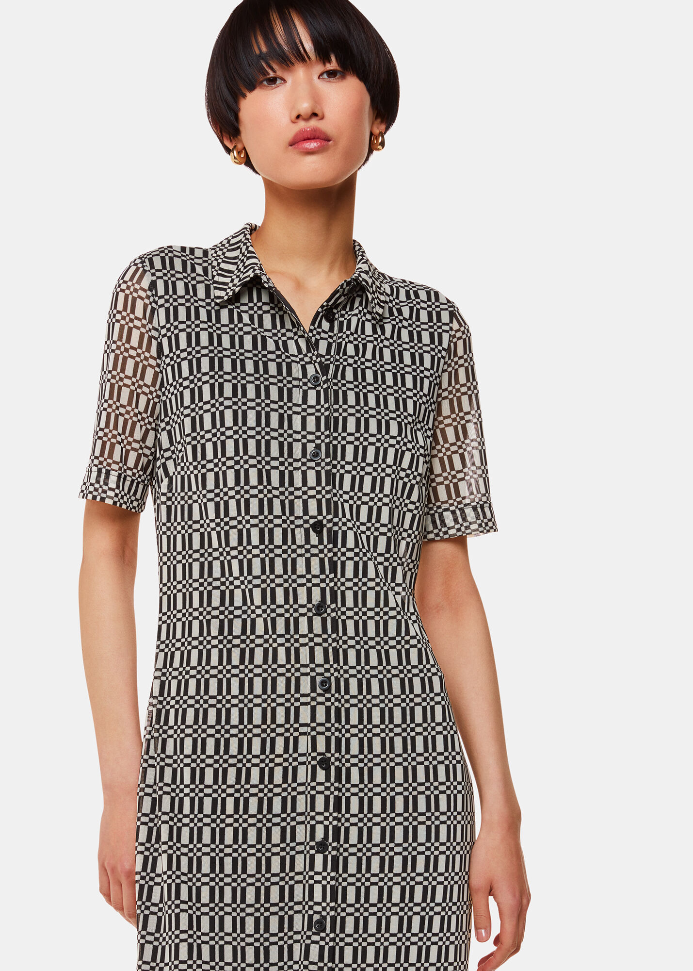 Black Multi Link Check Mesh Shirt Dress WHISTLES Whistles ROW