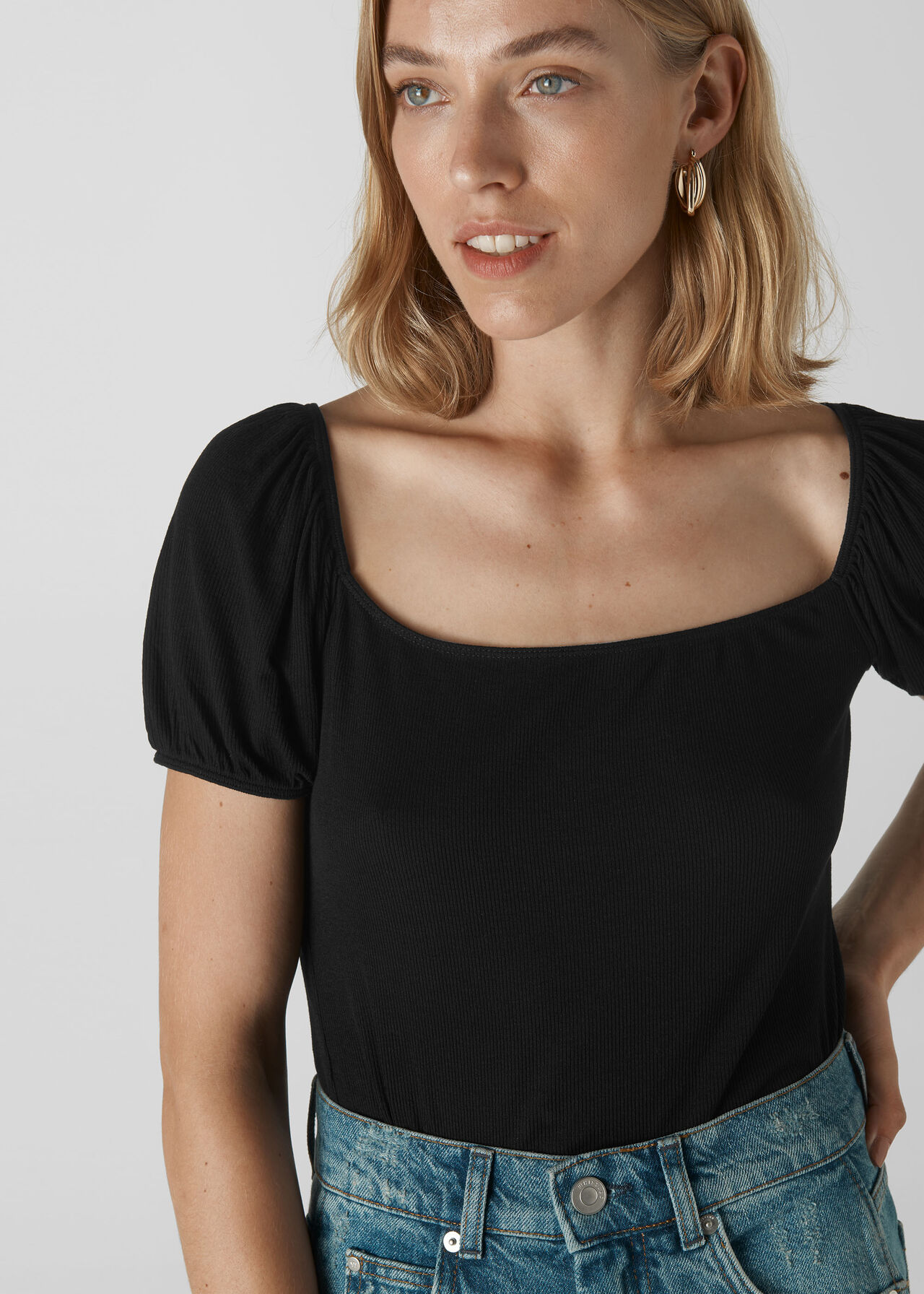 Fine Rib Square Neck T Shirt Black