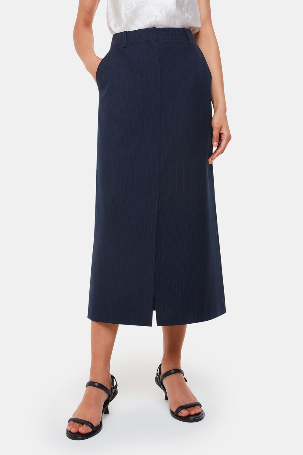 Navy Pinstripe Tailored Midi Skirt