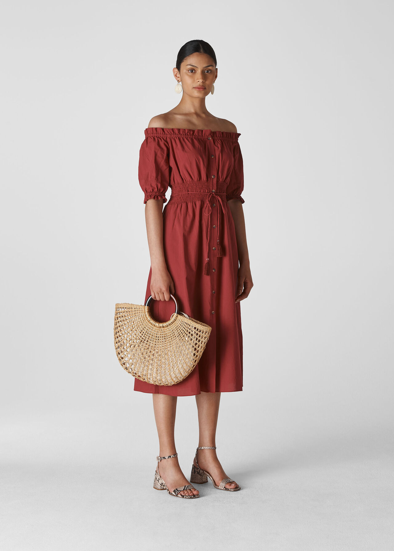 Burgundy Simma Shirred Waist Dress, WHISTLES