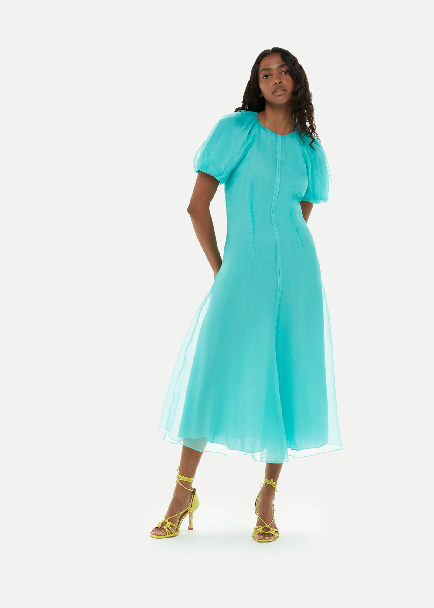 Turquoise Organza Silk Puff Sleeve Dress | WHISTLES | Whistles US |